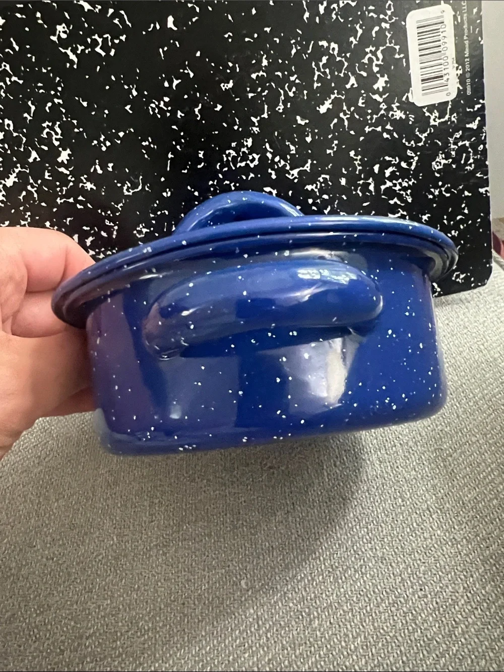 BISA Miniature Blue & White Spatter Enamelware Stock Pot with a lid